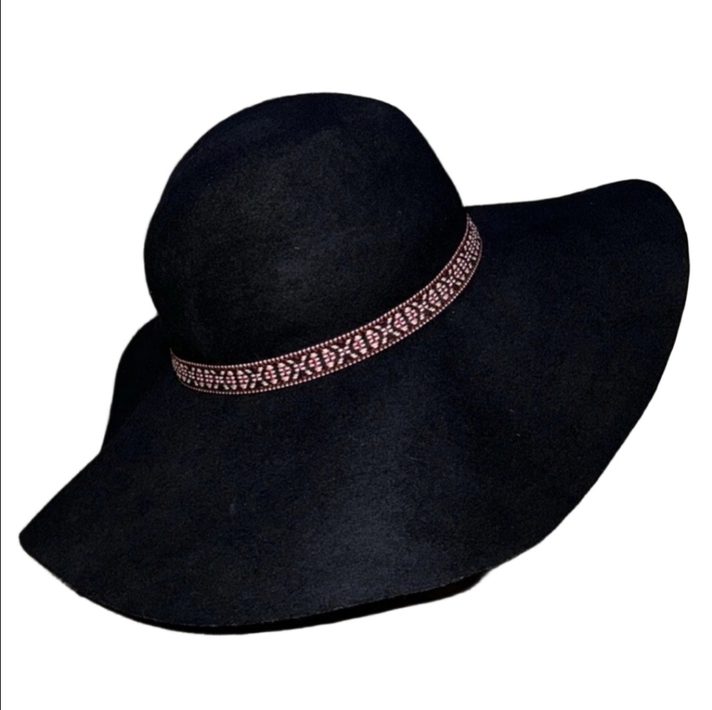 AMERICAN EAGLE Black 100% Wool Felt Wide Brim Floppy Hat with Band Classic EUC
